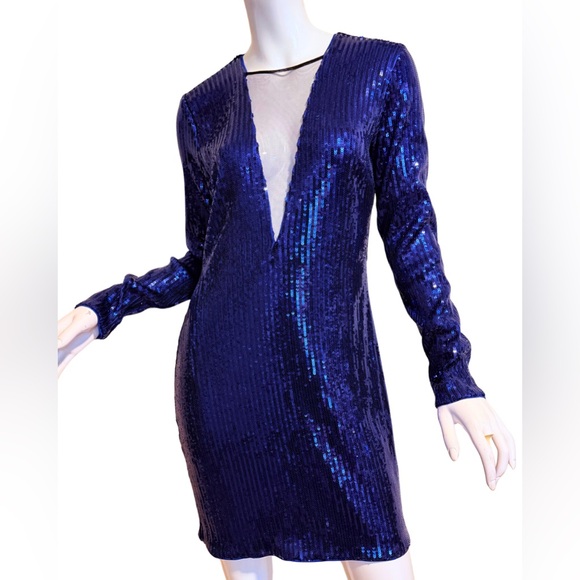bebe Dresses & Skirts - Bebe Blue Sequin Longsleeve Deep Plunge Sheer Panel Dress